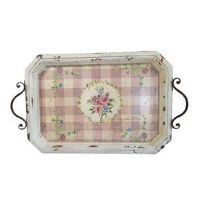 Wood Serving Tray Distressed Antique Style Metal Handles 17"x12" Hobby Lobby